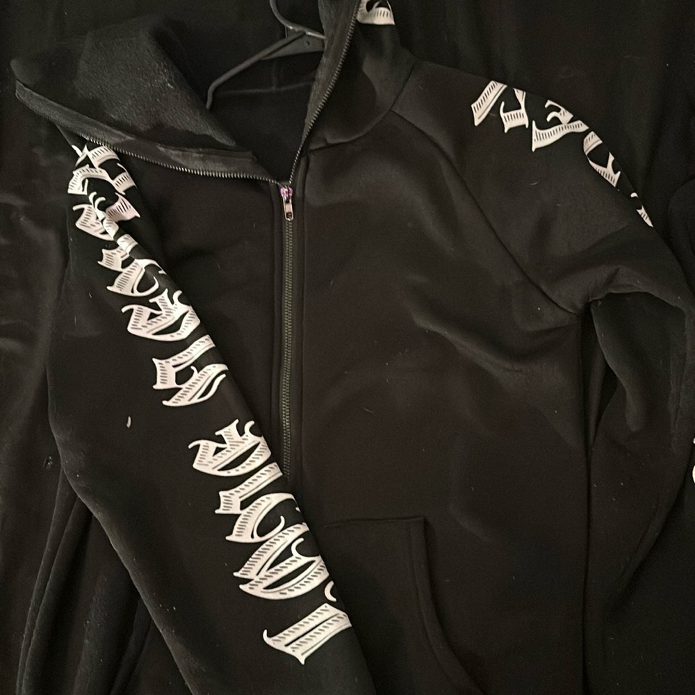 Shein full zip up with lettering on sleeves